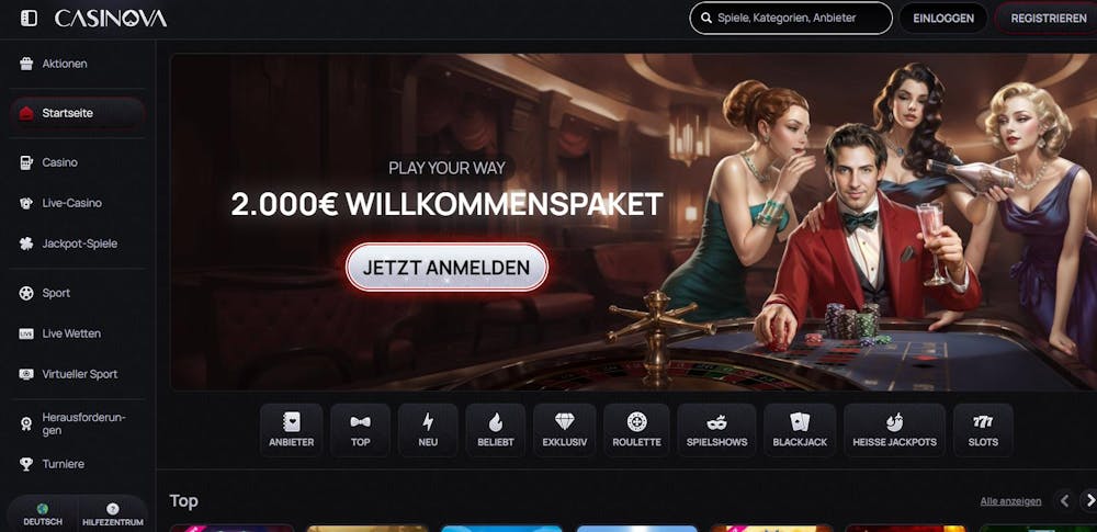 Startseite im Casinova Casino zeigt Willkommenspaket bis zu 2000 Euro