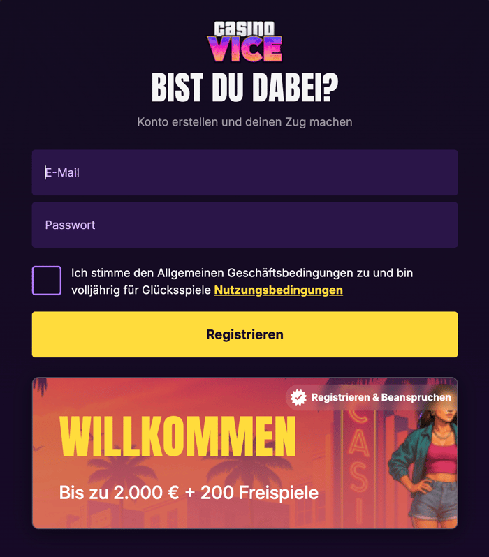 Anmeldeformular im Casino Vice