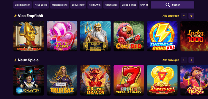 Spiellobby im Casino Vice zeigt Spiele wie Lord of the Ocean neben anderen Spielkategorien