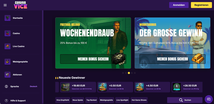 Startseite im Casino Vice zeigt Bonusangebote, Menü und neueste Gewinner