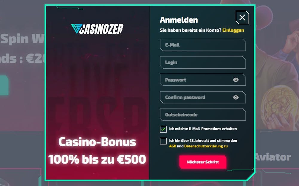 So registrieren Sie sich bei Casinozer Casino