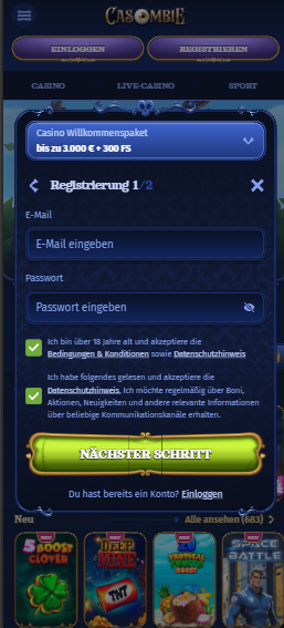 So melden Sie sich bei Casombie Casino an