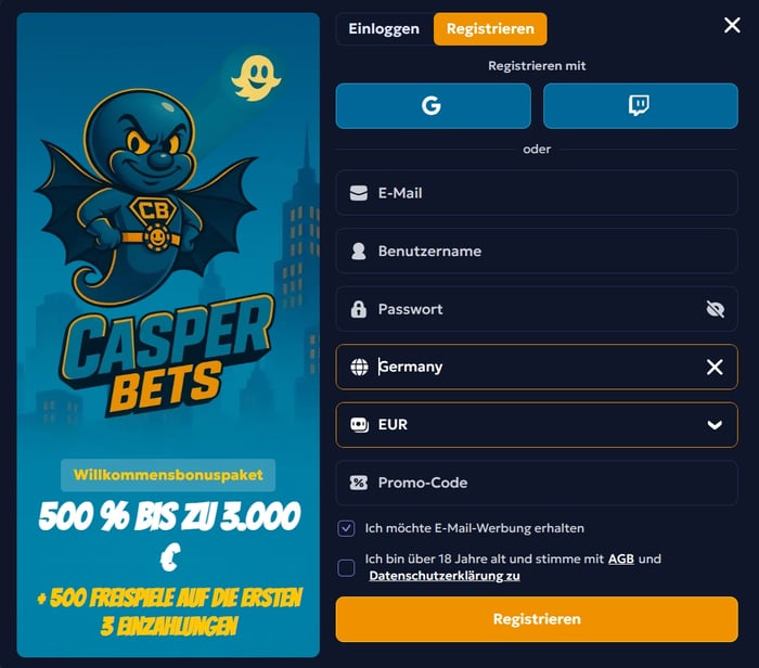 Casperbets Screenshot von der Anmeldeseite.