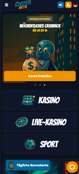 Casper Bets Startseite mit wöchentlichem Cashback und Casinobereichen