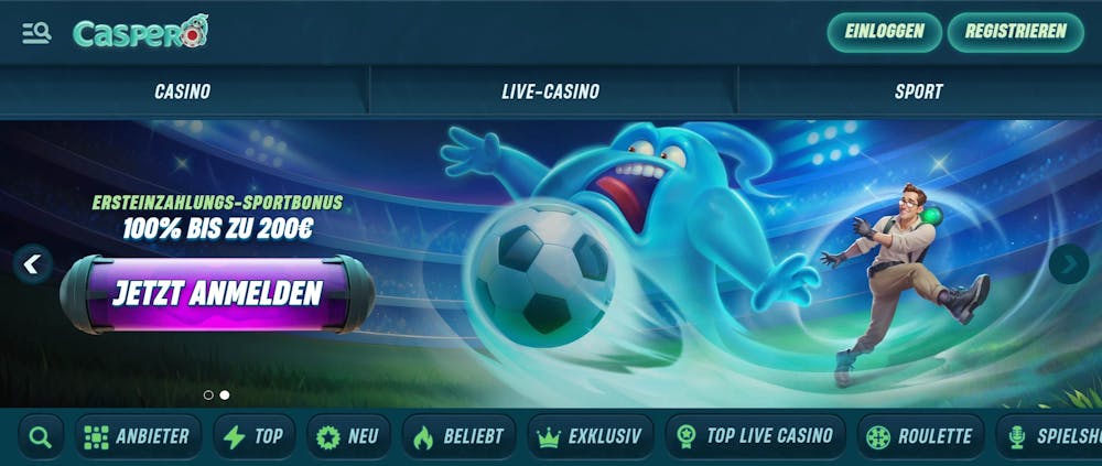 Caspero Casino Screenshot mit dem Willkommensangebot und dem sportlikchen Design mit Fussball.