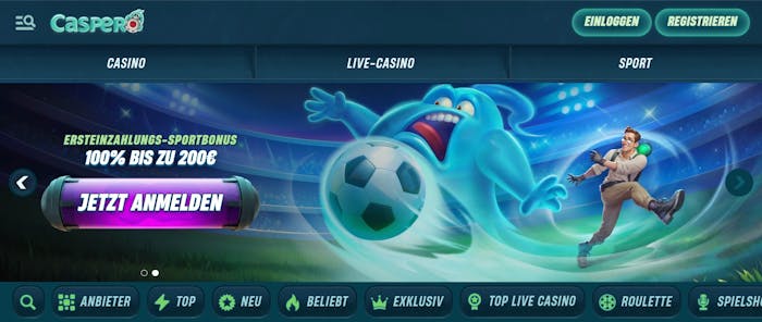 Caspero Casino Screenshot mit dem Willkommensangebot und dem sportlikchen Design mit Fussball.