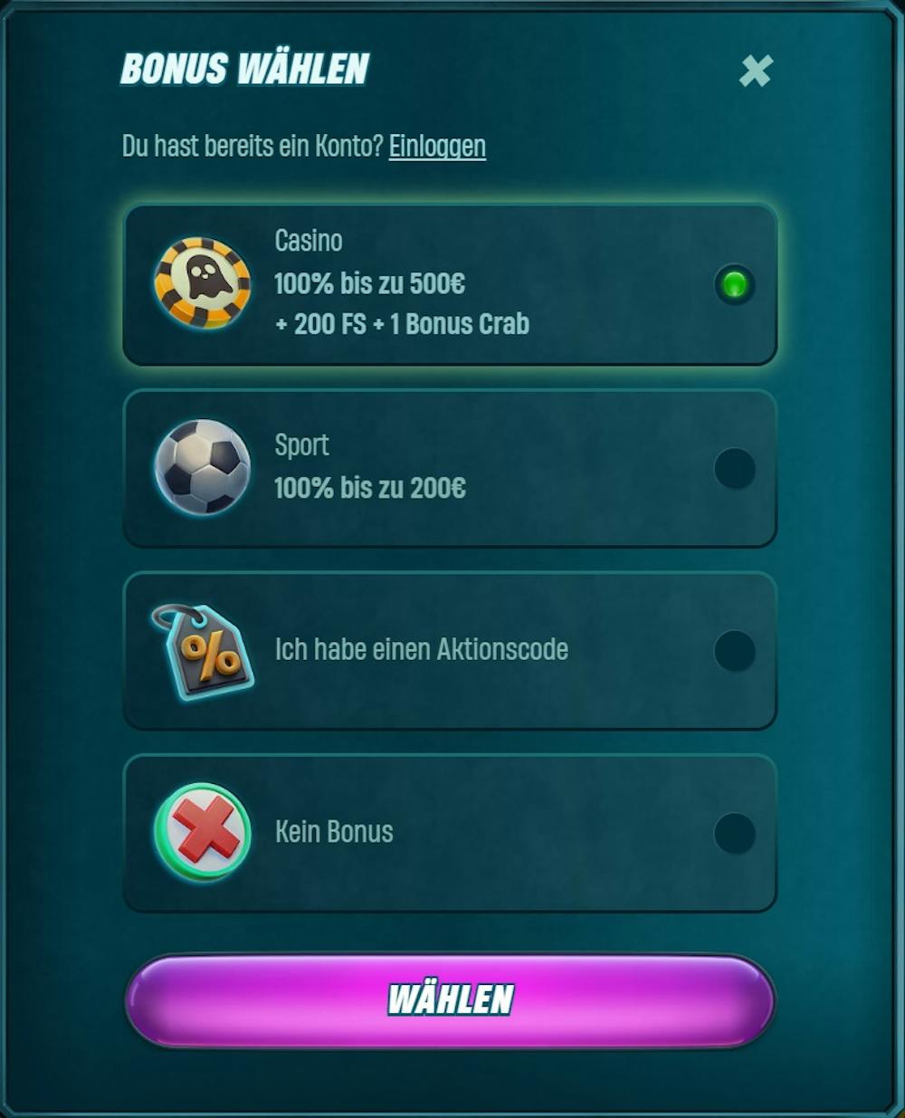 Caspero Casino Screenshot mit der Anmeldeseite zum Eingeben der persönlichen Daten.