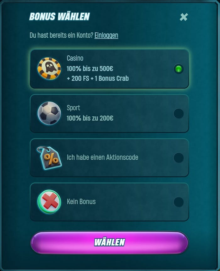 Caspero Casino Screenshot mit der Anmeldeseite zum Eingeben der persönlichen Daten.