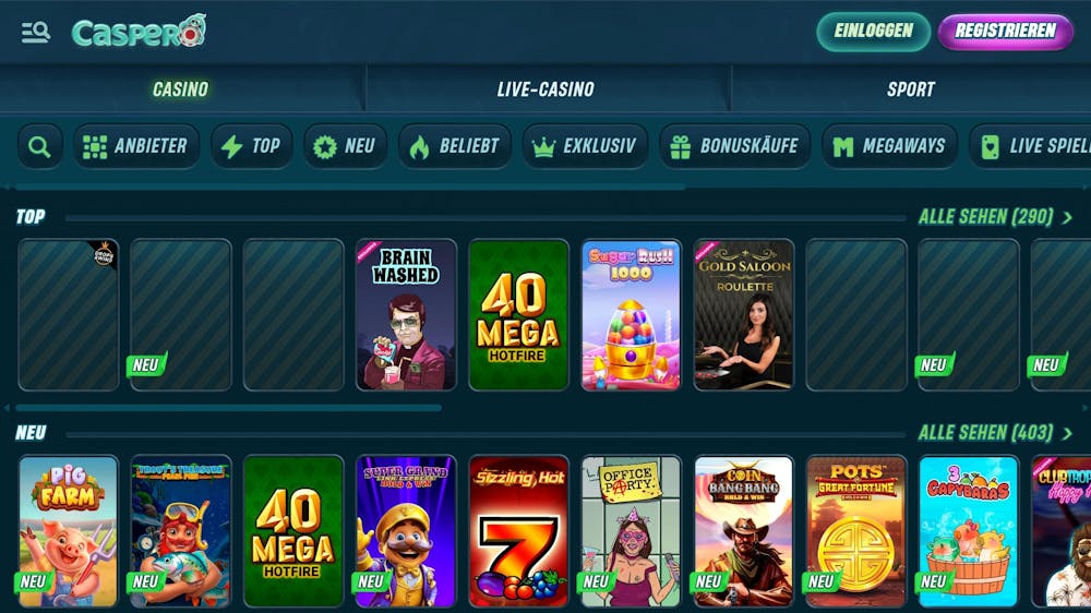 Caspero Casino Screenshot mit der Slot Seite, darunter der Slot 40 Mega Hotfire,