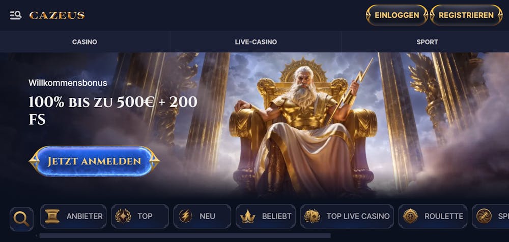 Die Homepage von Cazeus Casino, im Hintergrund eine Beschreibung über den Willkommensbonus von 100% bis zu 500 € + 200 Freispielen