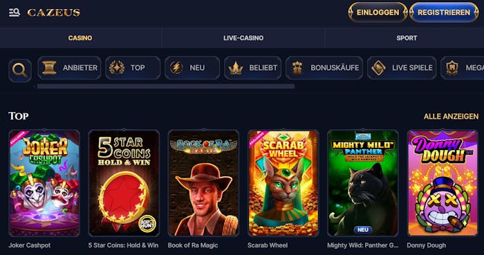 Eine Übersicht über verschiedene Slots bei Cazeus Casino mit Titeln wie Joker Jackpot und Scarab Wheel
