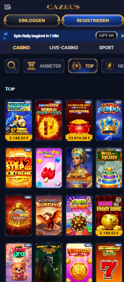 Spielauswahl im CaZeus Casino zeigt Spiele wie Sourcandy
