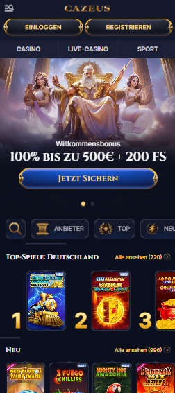 Startseite im CaZeus Casino zeigt Willkommensbonus und top Spiele