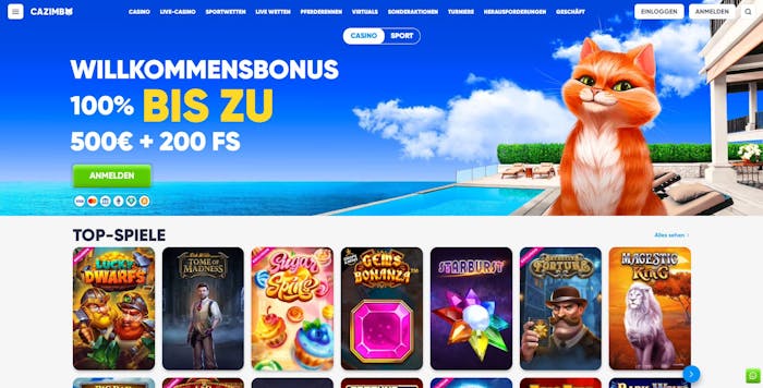 Cazimbo Casino Homepage mit einer Beschreibung über den Willkommensbonus