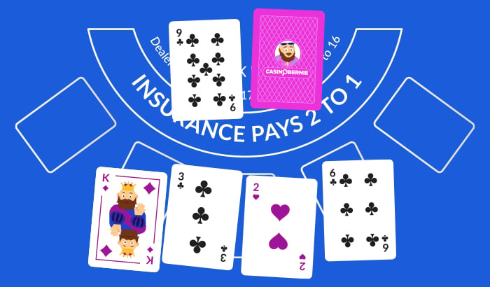 Blackjacktisch mit vier Spielerkarten, einer offenen und einer verdeckten Dealerkarte