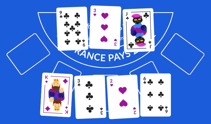Blackjacktisch mit vier offenen Spielerkarten und drei Dealerkarten