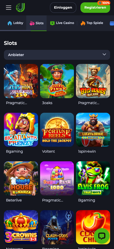 Spiellobby im Jeetcity Casino zeigt beliebte Slots wie Book of Dead neben Anbieterfilter und anderen Spielkategorien 