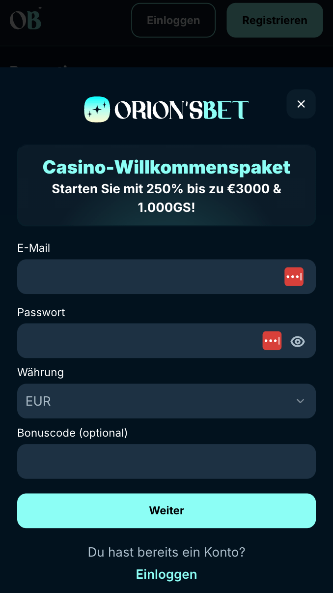 Anmeldeformular im Orionsbet Casino