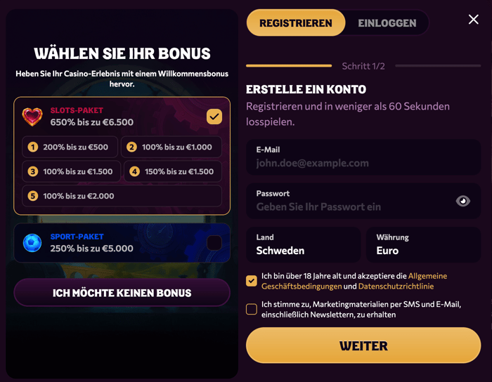 Anmeldeformular im Chanze Casino