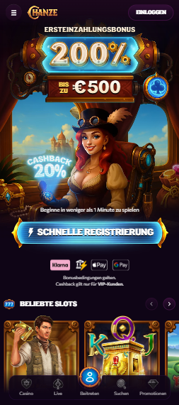 Startseite im Chanze Casino zeigt Ersteinzahlungsbonus, schnelle Anmeldung und beliebte Slots
