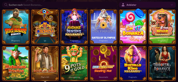 Spiellobby im Chanze Casino zeigt Spiele wie Big Bass Bonanza mit Anbieterfilter