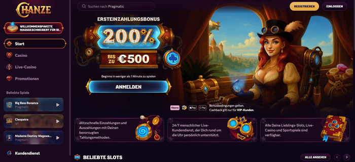 Startseite im Chanze Casino zeigt Ersteinzahlungsbonus, Menübereich und Zahlungsmethoden