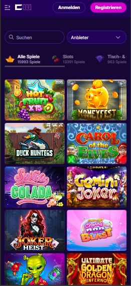 Spiellobby im Cipherwins Casino zeigt Spiele wie Duck Hunters neben anderen Spielkategorien