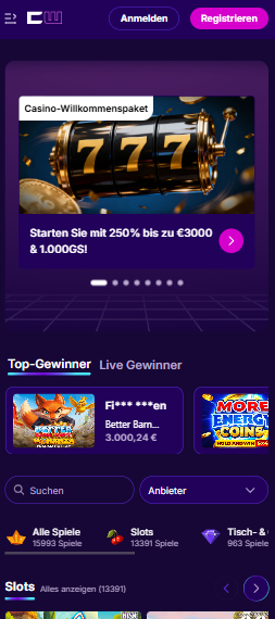 Startseite im Cipherwins Casino zeigt Willkommensbonus und top Gewinner