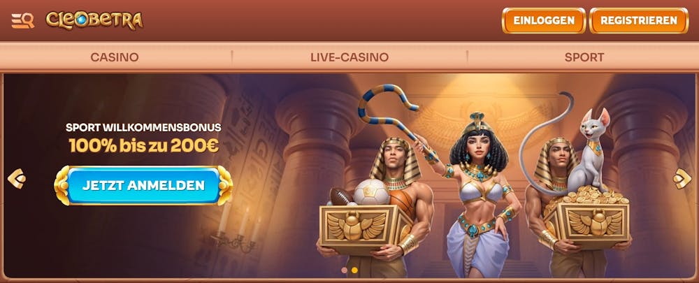 Screenshot vom Cleobetra Casino mit dem Willkommensbonus bis 200 €.