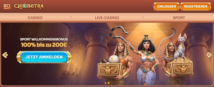Screenshot vom Cleobetra Casino mit dem Willkommensbonus bis 200 €.