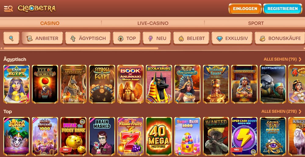 Screenshot vom Cleobetra Casino mit der Slot Auswahl.