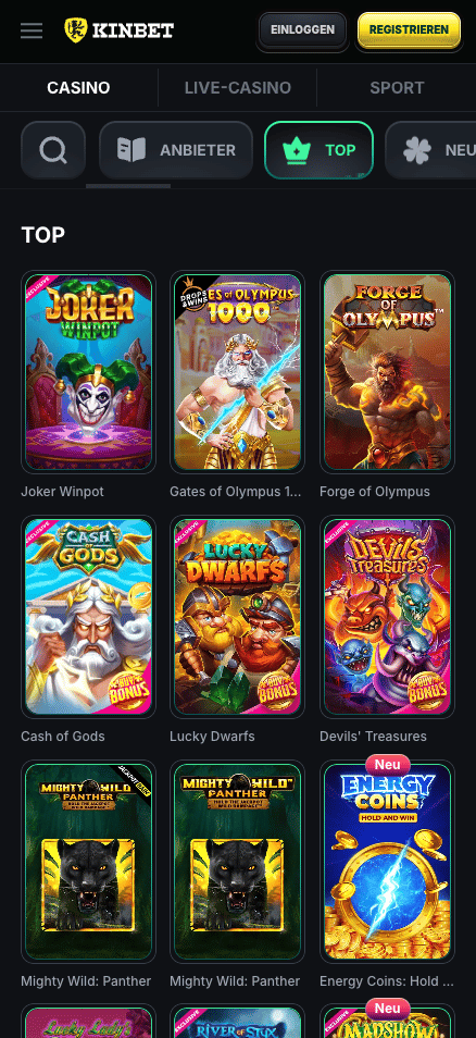 Spiellobby im Kinbet Casino zeigt top Spiele wie Force of Olympus neben anderen Spielkategorien