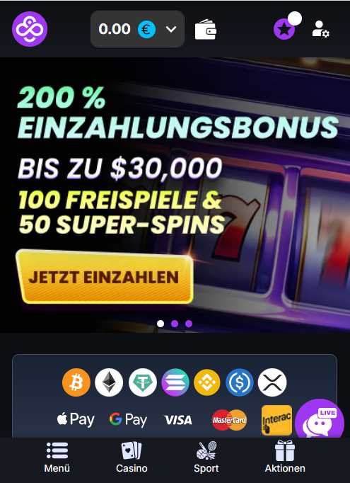 Startseite im CoinCasino zeigt Einzahlungsbonus und Zahlungsmethoden