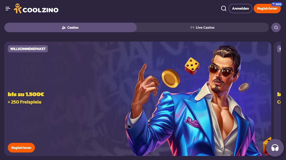 Coolzino Screenshot mit dem Willkommensbonus Angebot, im blauen Design.