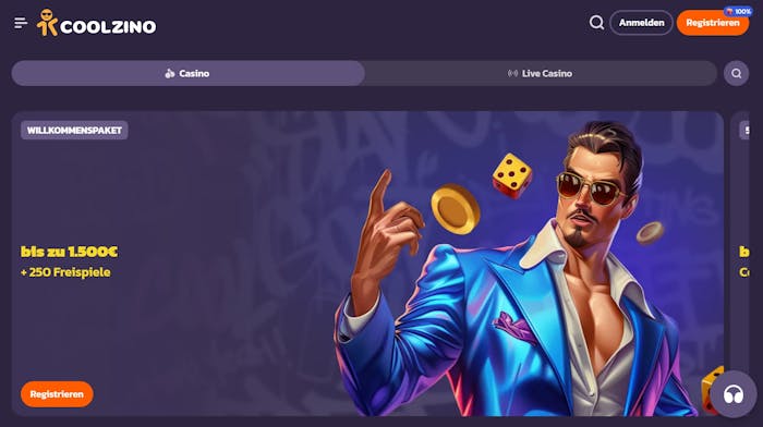 Coolzino Screenshot mit dem Willkommensbonus Angebot, im blauen Design.