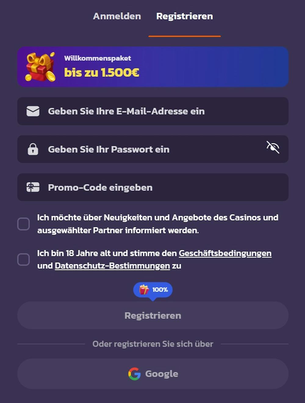 Screenshot vom Coolzino Casino mit der Anmeldeseite zum Eingeben der persönlichen Daten.