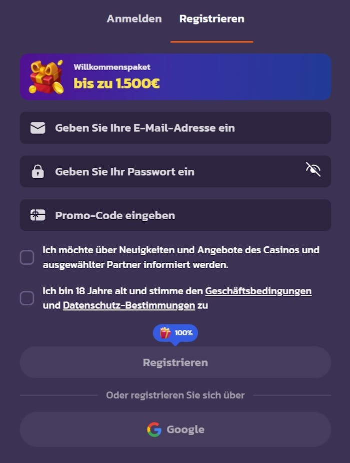 Screenshot vom Coolzino Casino mit der Anmeldeseite zum Eingeben der persönlichen Daten.