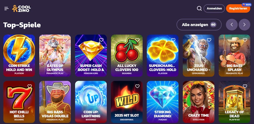 Coolzino Casino Screenshot mit der Spieleauswahl, darnter der Slot Zeus Unchained.