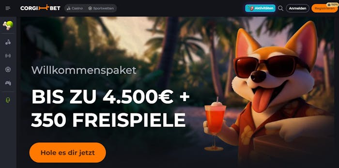 Screenshot vom Corgi Bet Casino mit dem Willkommensangebot für Neukunden des Casinos.