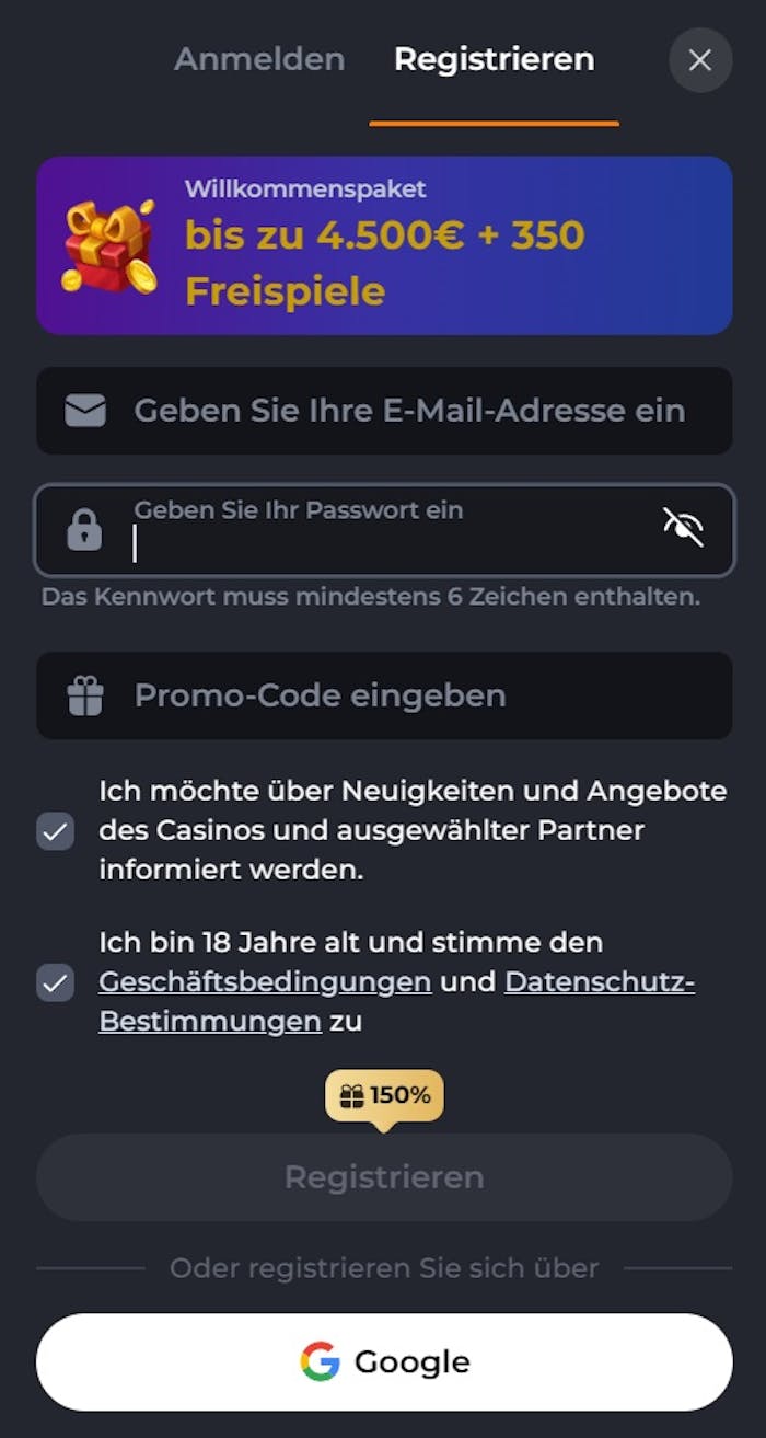 Corgi Bet Casino Screenshot mit der Anmeldeseite zum Eingeben der eigenen Daten.