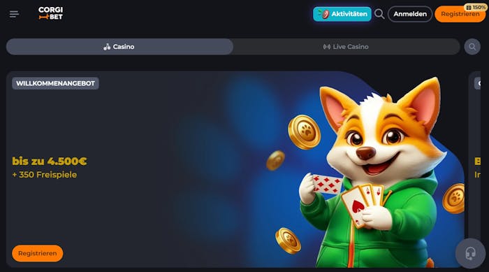 Corgi Bet Casino Screenshot mit der Spieleauswahl.,