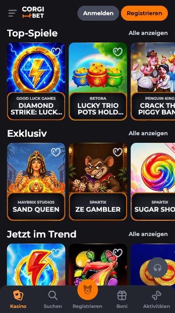 Spielauswahl im Corgibet Casino zeigt top Spiele wie Diamond Strike neben anderen Spielkategorien