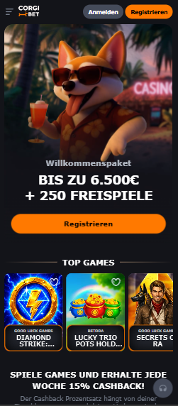 Startseite im Corgibet Casino zeigt Willkommensbonus neben top Spielen