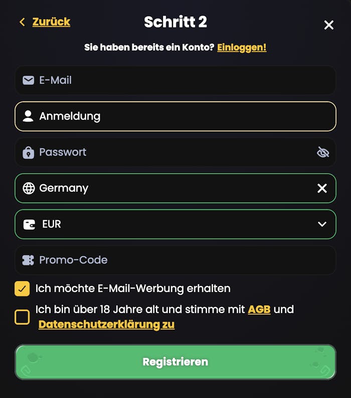 Anmeldeformular im Corsaza Casino