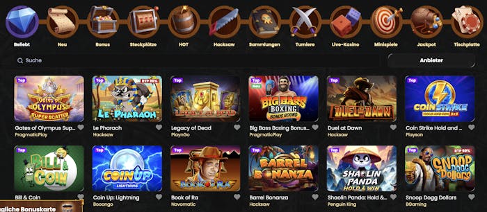Spiellobby im Corsaza Casino zeigt beliebte Spiele wie Book of Ra neben anderen Spielkategorien