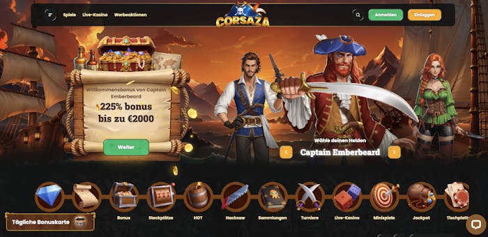 Startseite im Corsaza Casino zeigt Spielkategorien und Willkommensboni