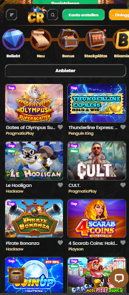 Spiellobby im Corsaza Casino zeigt beliebte Spiele wie Gates of Olympus Superscatter neben anderen Spielkategorien