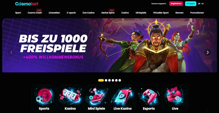 Startseite im Cosmobet Casino zeigt Willkommensbonus neben Casino Bereichen