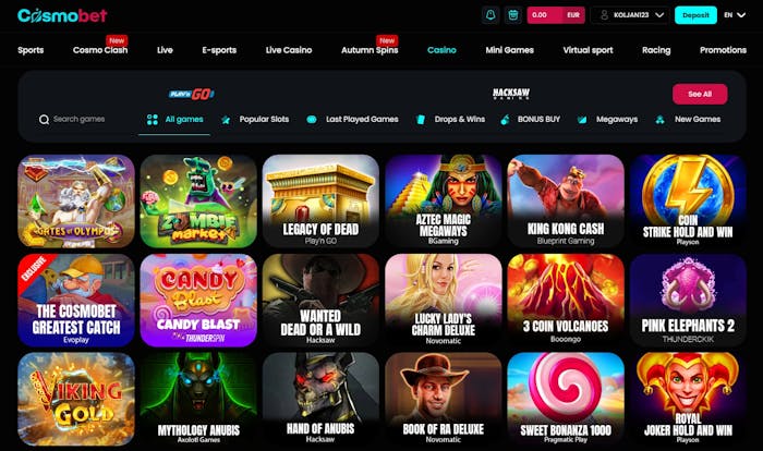 Spiellobby im Cosmobet Casino zeigt Spiele wie Gates of Olympus neben anderen Spielkategorien