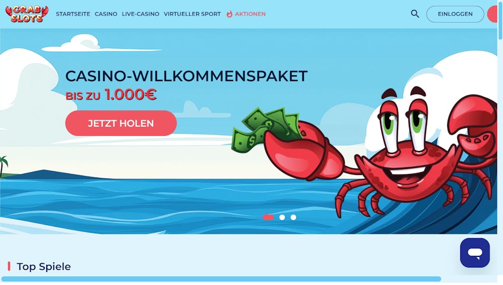 Crabslots Casino Screenshot mit dem Krabben Logo und dem Willkommensangebot bis 1.000 €.